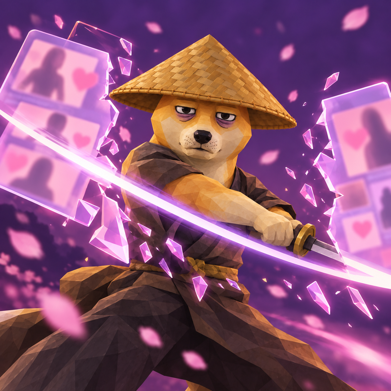 UNGOON, a tired samurai shiba in a straw hat, slicing a glowing katana through floating screens of thirst traps